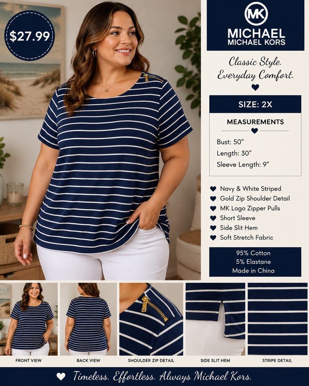 Michael Kors 2X Navy White Striped Top Gold Zip Shoulder Short Sleeve Plus